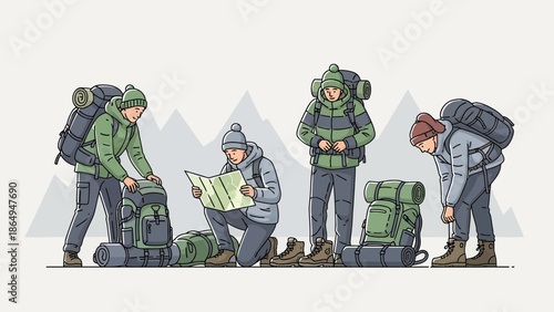 Team Of Hikers Preparing For Mountain Adventure Trek Trip Outdoors Together
