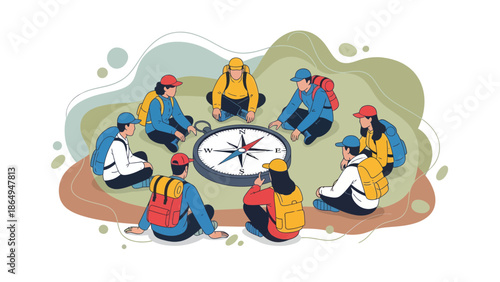 Teamwork Hiking Adventure Group Navigating Wilderness With Compass Illustration