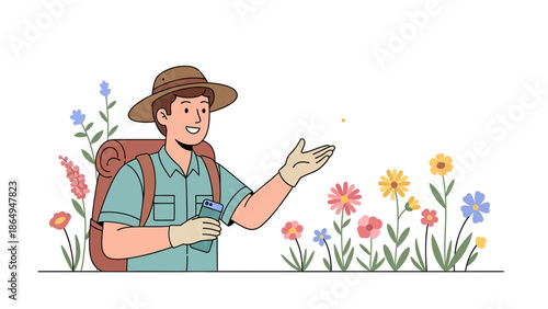 Adventurer Exploring Nature With Backpack Capturing Flower Field Moments On Mobile