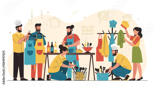 Teamwork In Culinary Art Professional Chef Collaboration Food Preparation Illustration