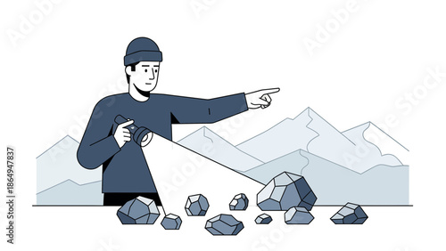 Adventurer Exploring The Mountains Shining A Flashlight On Precious Rocks
