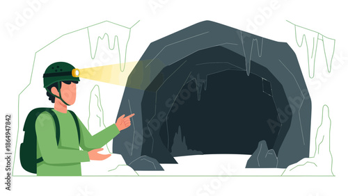 Adventurer Exploring Underground Cave With Stalactites And A Headlamp Illustration