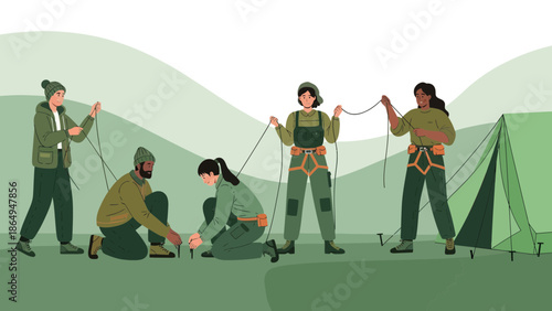 Teamwork Makes The Dream Work: Diverse Group Setting Up Camp In Nature