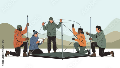 Teamwork Makes The Dream Work Friends Build A Tent Together In The Outdoors