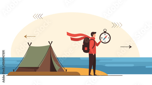 Adventurer Finds Route On Holiday Camping By The Beach With Compass