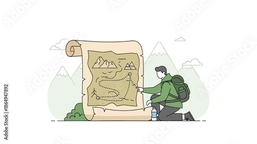 Adventurer Finds Route On Illustrated Map Amidst Verdant Mountains Destination