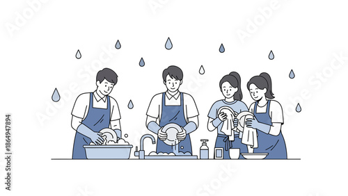 Teamwork Makes The Dream Work, Group Washing Dishes, Doing Household Chores