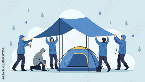 Teamwork Makes The Dream Work Setting Up A Tent During A Rainy Adventure
