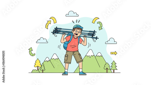 Tired Hiker Overwhelmed By Number Of Hiking Poles In The Mountains