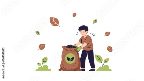 Tired Man Cleaning Up Autumn Leaves In A Bag Vector Illustration