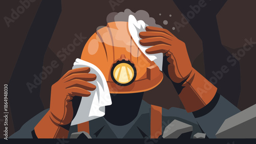 Tired Miner Wiping Sweat From His Forehead After Hard Work in Coal Mine