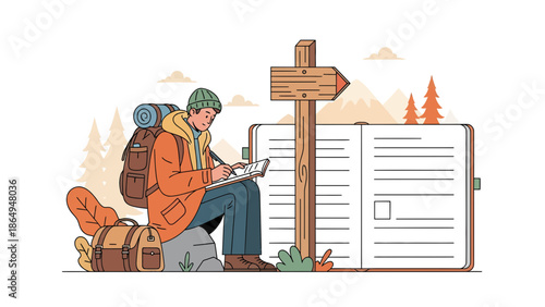 Adventurer Jotting Down Experiences in Nature's Journal While Exploring Vast Landscape