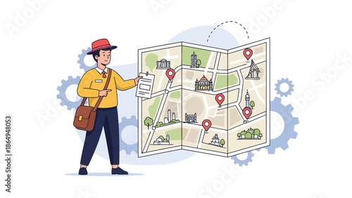 Tour Guide Giving Directions Using City Map For Tourist Destinations Planning