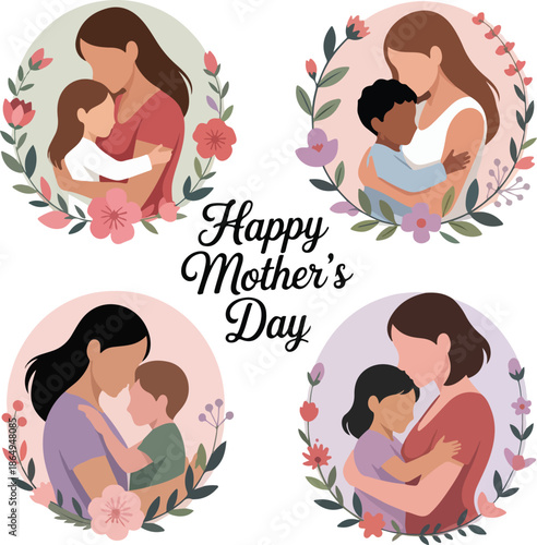 Mother and Child Hugging Illustration Set for Mother’s Day – Floral Backgrounds