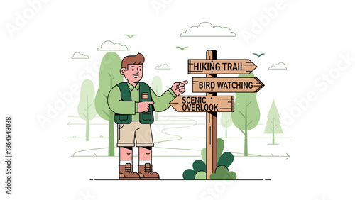 Tourist Seeking Adventure Choosing Between Nature Trails At A Signpost Illustration