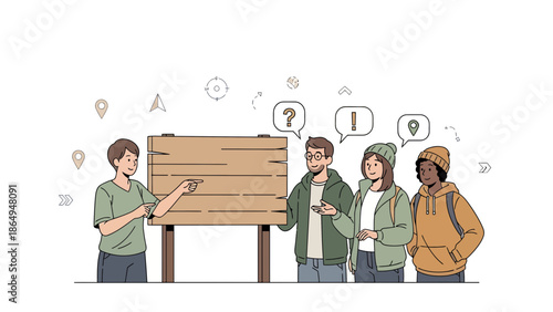 Tour Guide Presenting Information on A Wooden Sign To A Small Group Of Tourists