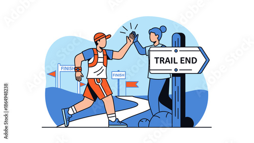 Trail Run Celebration At Finish Line With High Five Gesture For Success