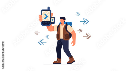 Adventurer Navigating Wilderness Using Modern Global Positioning Technology And Gear