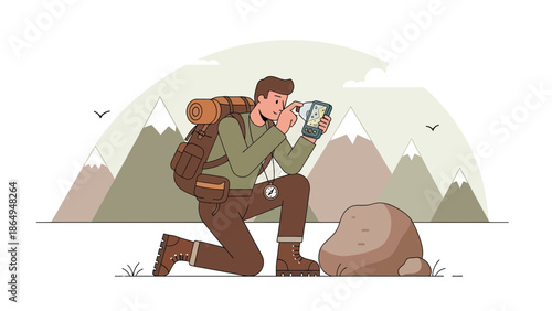 Adventurer Navigating Wilderness Landscape Using A Gps Device With Mountain Backdrop