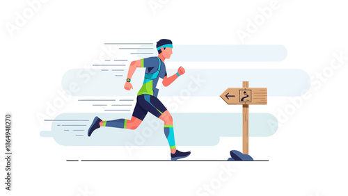 Trail Running Athlete Racing Forward Towards Adventure Following The Directional Arrow