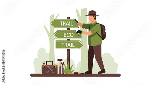 Trail Sign Maintenance At National Park Guiding Nature Enthusiasts With Repair