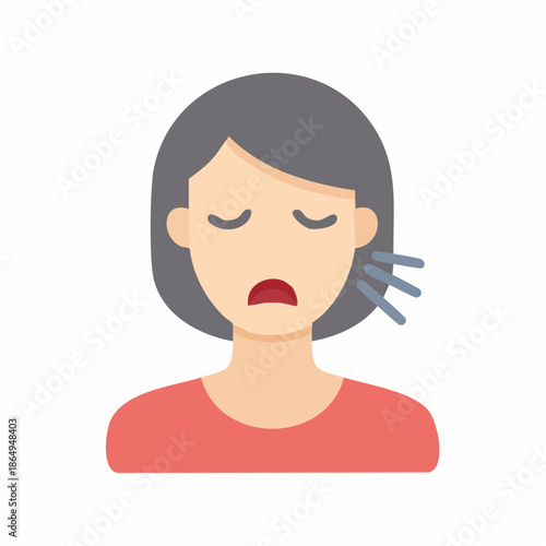 Illustration of a woman experiencing ear pain, discomfort, or tinnitus, headache, sickness, medical icon