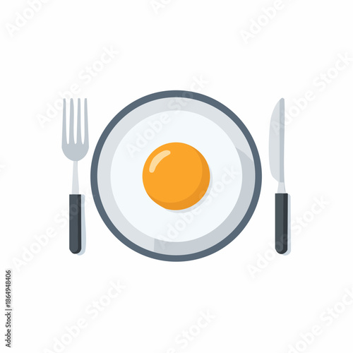 Sunny Side Up Egg on Plate Ready to Eat with Fork and Knife Flat Vector Illustration Appetizing Food
