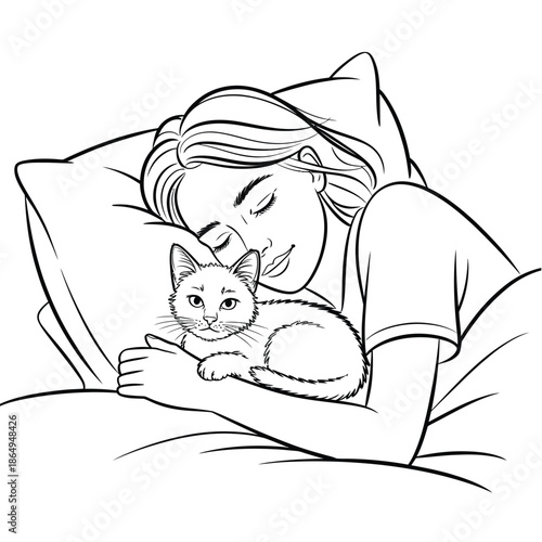 Woman comforting kitten isolated on white background, Vector, illustration