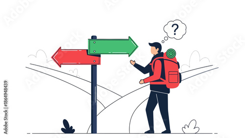 Traveler At Crossroads Deciding Which Direction To Take With Different Way