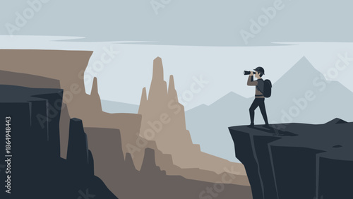 Adventurer On Cliff Edge Observes Distant Landscape Through Binoculars