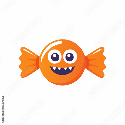 Orange candy character with funny face, Halloween treat illustration, festive holiday confectionery sweets, vector graphic design for party invitation