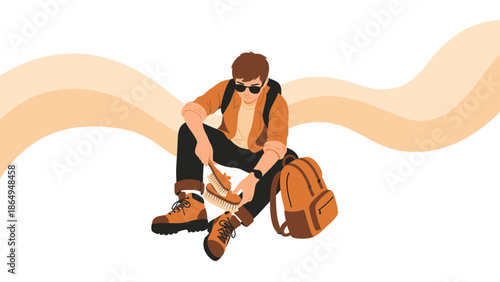 Traveler Cleans His Boots During a Break On a Summer Trip Outdoors