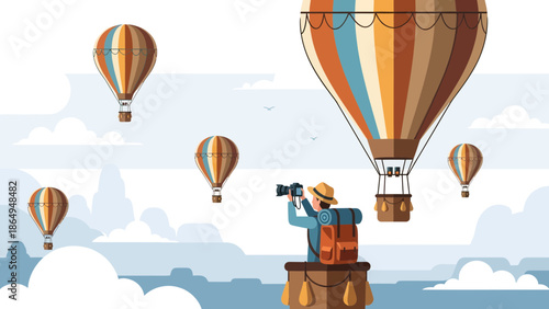 Traveler Capturing Aerial View Of Hot Air Balloons Over A Dreamy Landscape