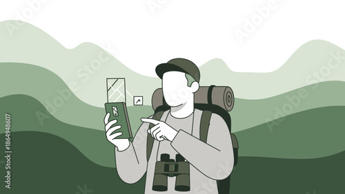Traveler Navigating With Mobile App In The Mountains Digital Connection Adventure