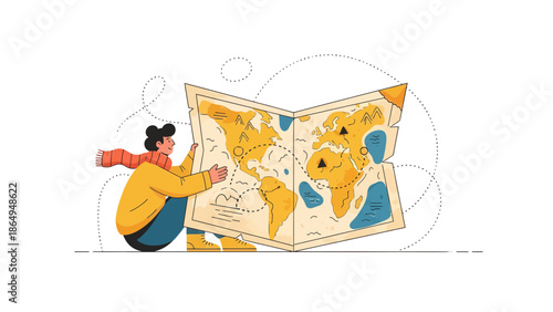 Traveler Planning Adventure Trip Route on Vintage World Map Illustration