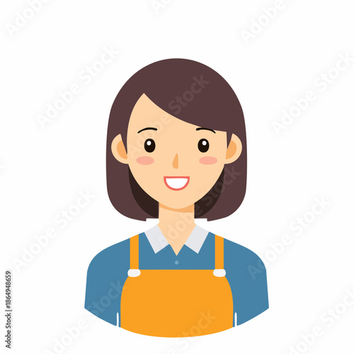 Friendly Woman in Apron Portrait Illustration Character with Smiling Face and Shoulder Length Brown Hair