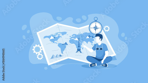 Traveler Planning His Trip On A World Map With A Compass Concept Art