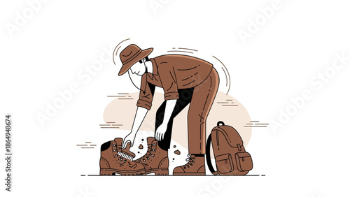 Traveler Prepares His Boots for Adventure Journey After the Camping Destination