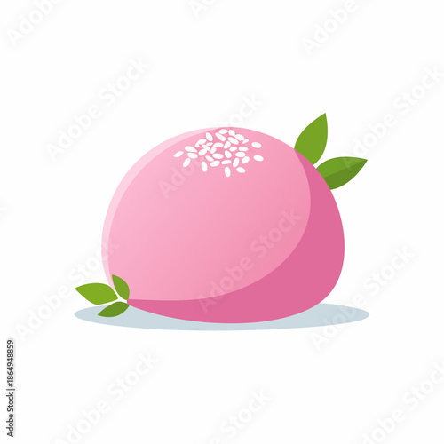 Stylized pink mochi dessert with sesame seeds and green leaves, a visually appealing illustration