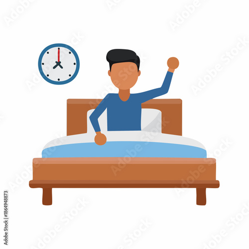 Man waking up in bed and stretching his arm up next to a clock indicating the early morning, cartoon drawing