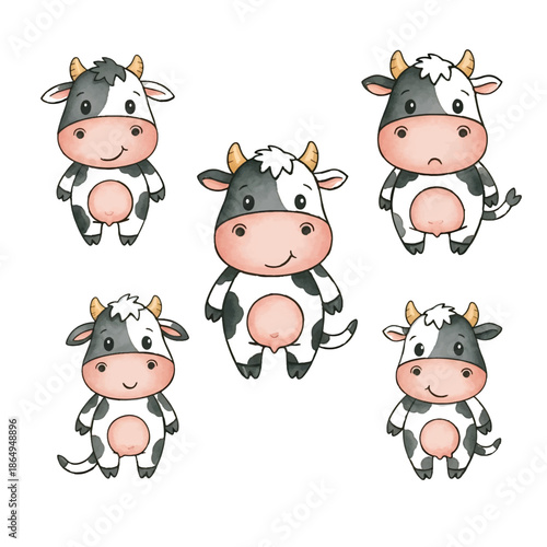 A funny and cute cartoon cow with her calf smiling together on a happy farm illustration