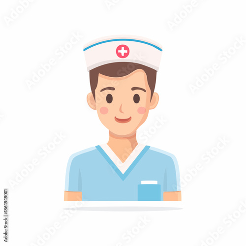 Smiling Male Nurse with Cap, Medical Uniform, and Red Cross Symbol in a Professional Healthcare Setting