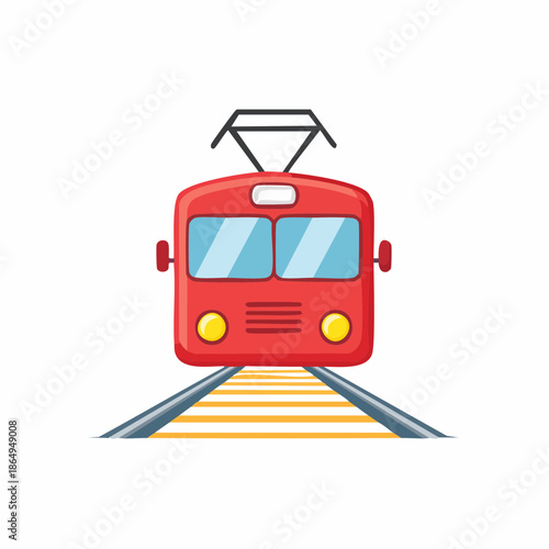 Bright Red Train on Rails Illustration, Electric Locomotive Front View