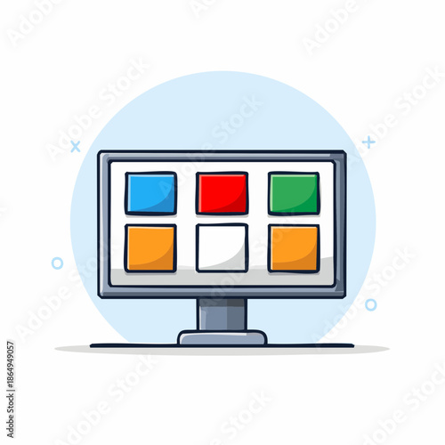 Desktop Computer Screen Displaying Colorful Squares Modern Technology Vector Illustration