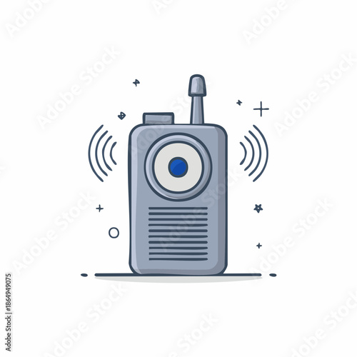 Cartoon Walkie-Talkie Illustration: Gray Portable Radio Communication with Antenna and Signal