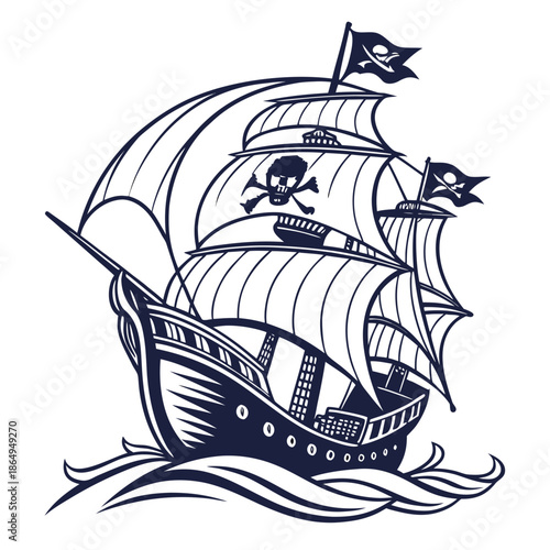 Majestic Pirate Ship Silhouette with Large Sails Vector Art