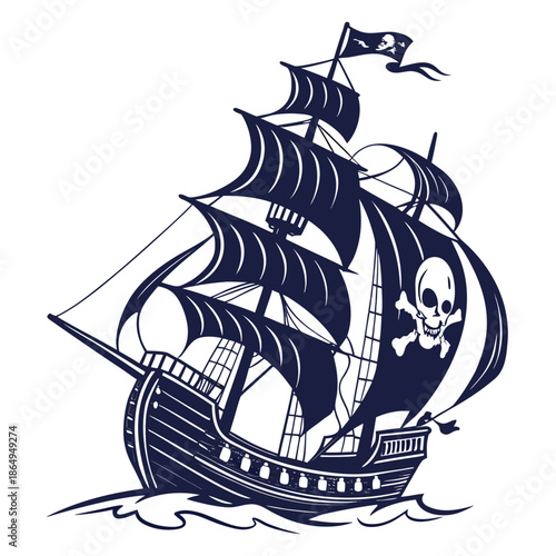 Pirate Ship Silhouette with Detailed Sails Vector Illustration