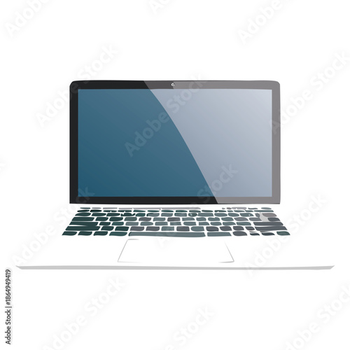 Modern open silver laptop computer with a blank black screen and keyboard isolated on a white background for business technology and mobile communication