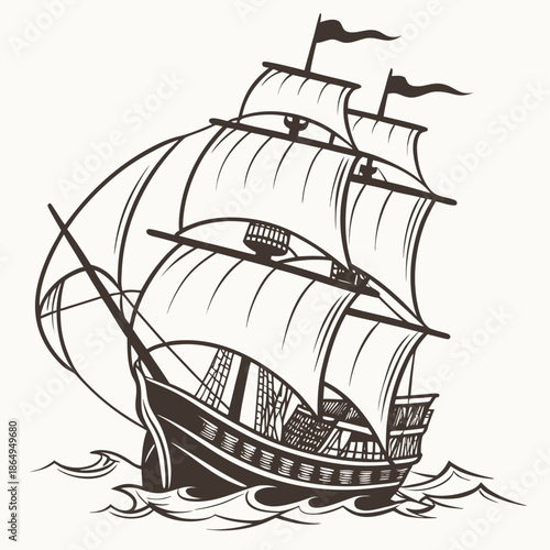 Detailed Vector Illustration of a Classic Sailing Ship Navigating Rough Seas