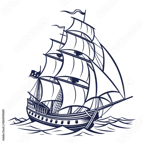 Classic Wooden Galleon Sailing Ship at Sea Vector Graphic